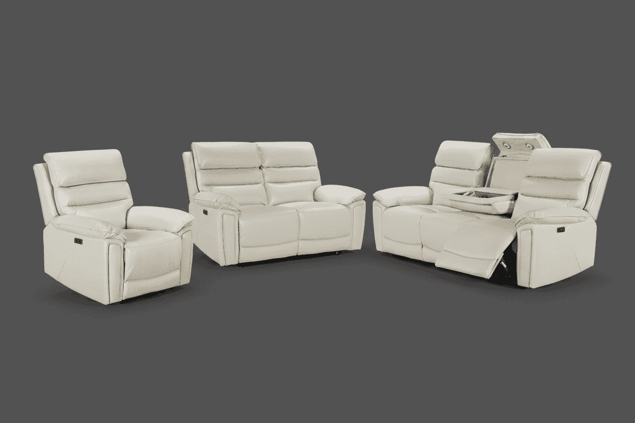 DFS Lawson Ivory Cream Leather Electric Reclining 3 Seater + 2 Seater + Armchair Sofa Set With USB Charging Ports & Drop Down Tray Table