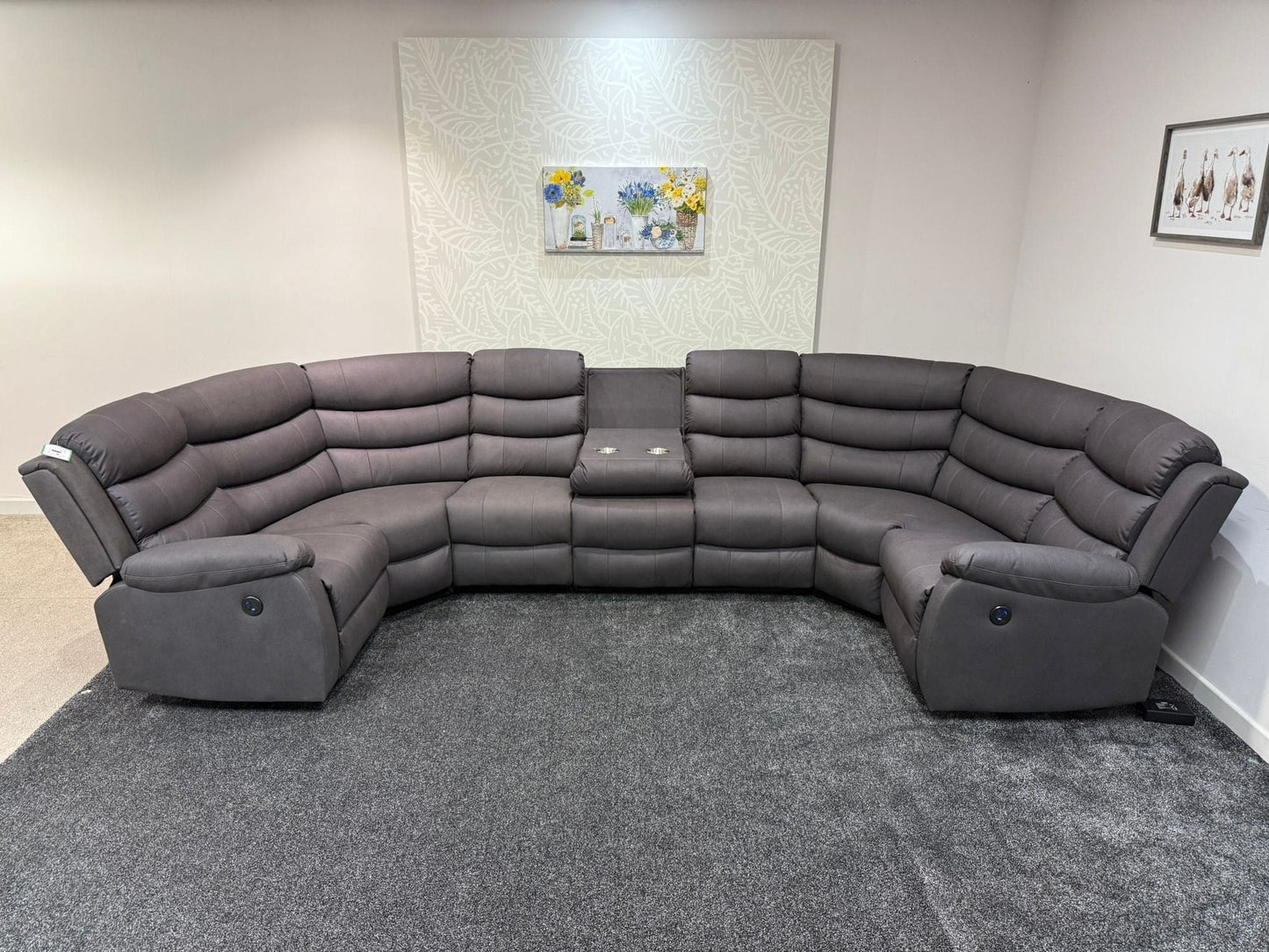 Willow Grey Fabric U Shape Corner Sofa With Drinks console & Fold down Tray Tables