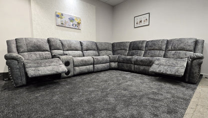 GALAXY Grey Plush Velvet Fabric Electric Reclining 3C3C Corner Sofa | Cooling Cupholders & USB Ports