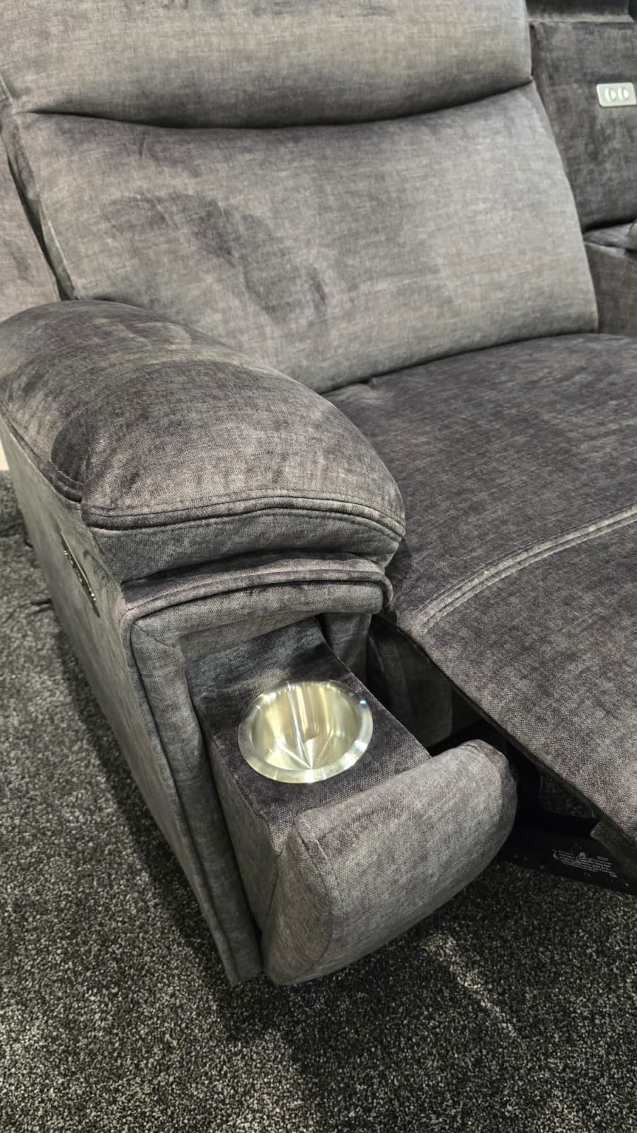 "Xavier" 2c2c Grey Plush Fabric Power Recliner Corner Sofa With USB Charging Ports & Cinema Drinks Console