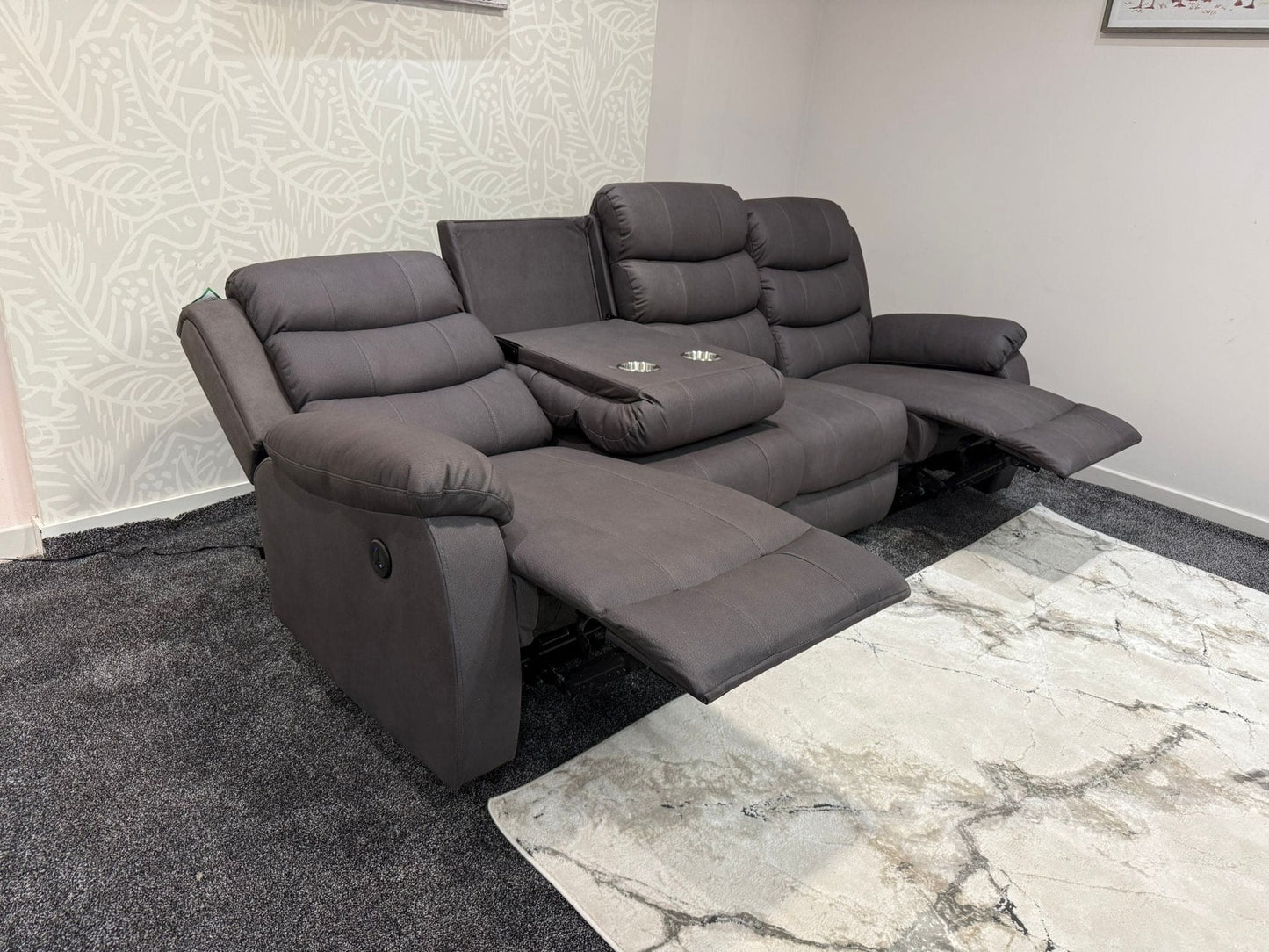 Willow Grey Easy Clean Fabric 4 Seater Sofa | Fold Down Tray Table, High Headrest & Seating Position Couch