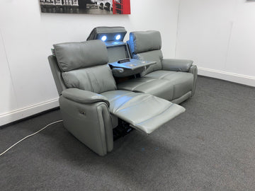 Supreme Power Recliner Grey Leather 3 Seater Sofa - Drinks Tray Table Sofas