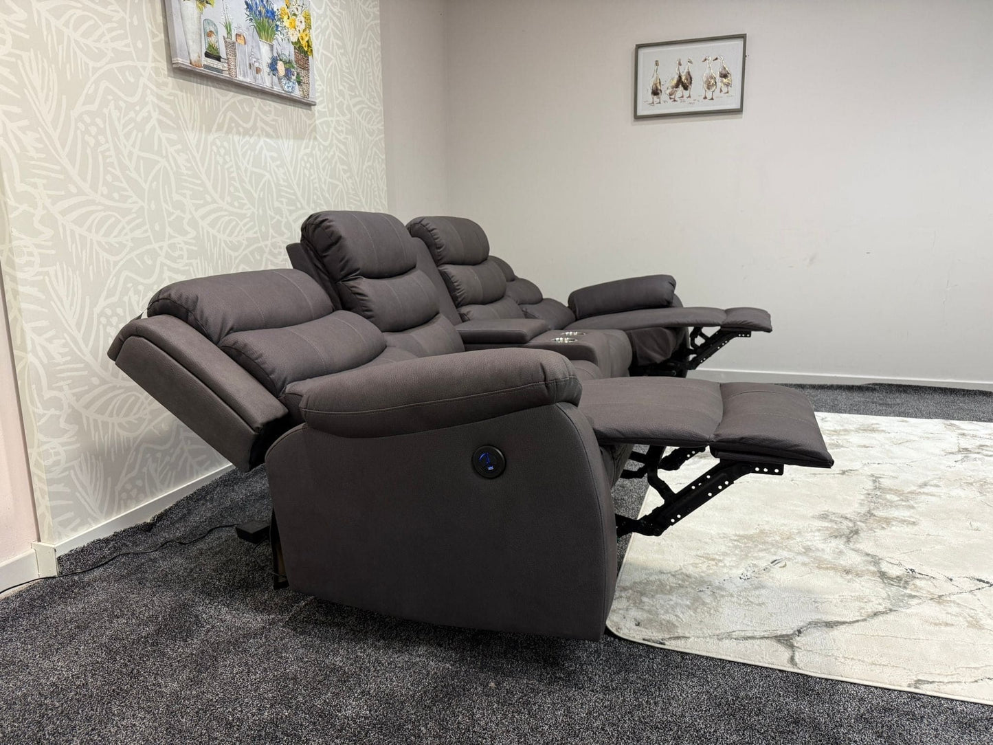 Willow Grey Easy Clean Fabric 4 Seater Sofa With Drinks Console - High Headrest & Seating Position Couch