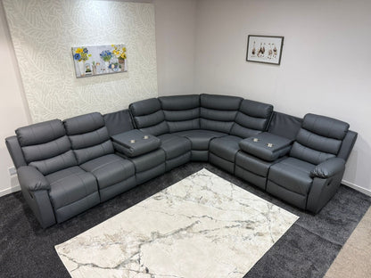 "Lando" Grey Leather 4C3 Recliner Corner Sofa Reversible | 2 x Drinks Tray Tables | Modular