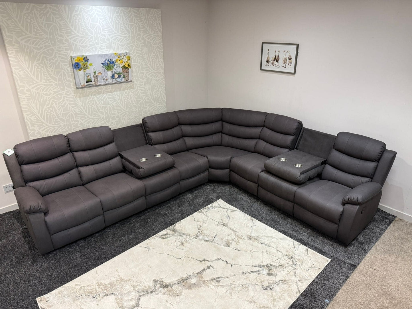 "Willow" Dark Grey Fabric 4C3 Recliner Corner Sofa | 2 x Drinks Tray Tables | Easy Clean Fabric | Modular