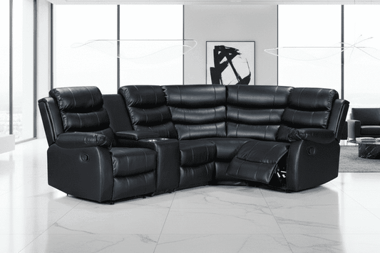Black Leather 'Lando' 2c1c Reclining Corner Sofa |  Reversible & Modular | Drinks Console | High Backrest | Built To Fit Any Home | Couch |
