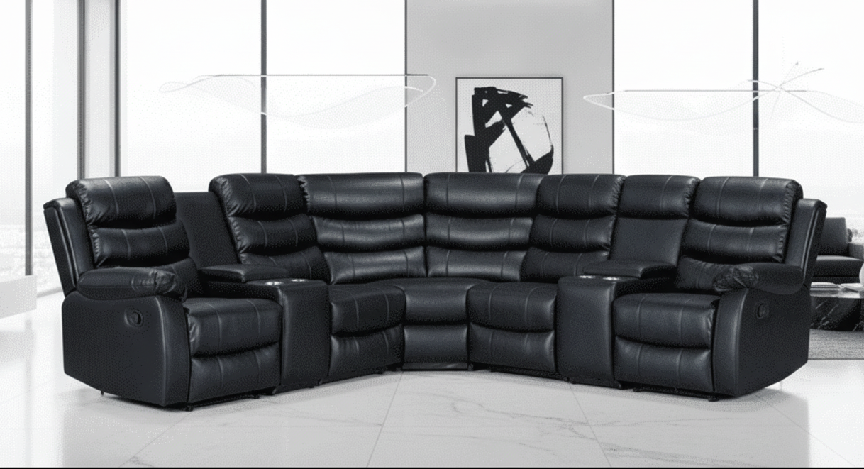 Black Leather 'Lando' 2c2 Corner Sofa With 2 Drinks Consoles Reclining & Modular| High Backrest | Built To Fit Any Home | Couch