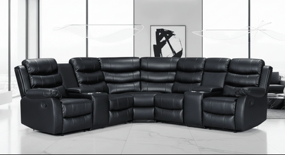 Black Leather 'Lando' 2c2 Corner Sofa With 2 Drinks Consoles Reclining & Modular| High Backrest | Built To Fit Any Home | Couch