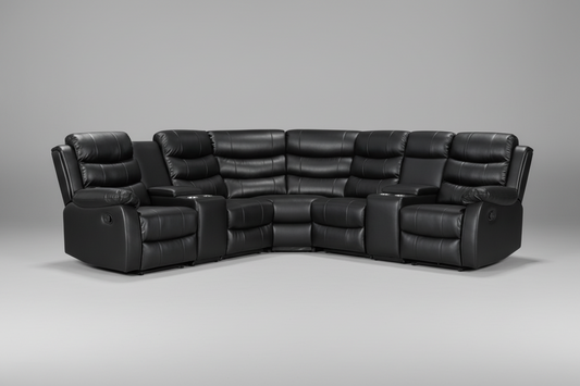 Black Leather 'Lando' 2c2 Corner Sofa With 2 Drinks Consoles Reclining & Modular| High Backrest | Built To Fit Any Home | Couch