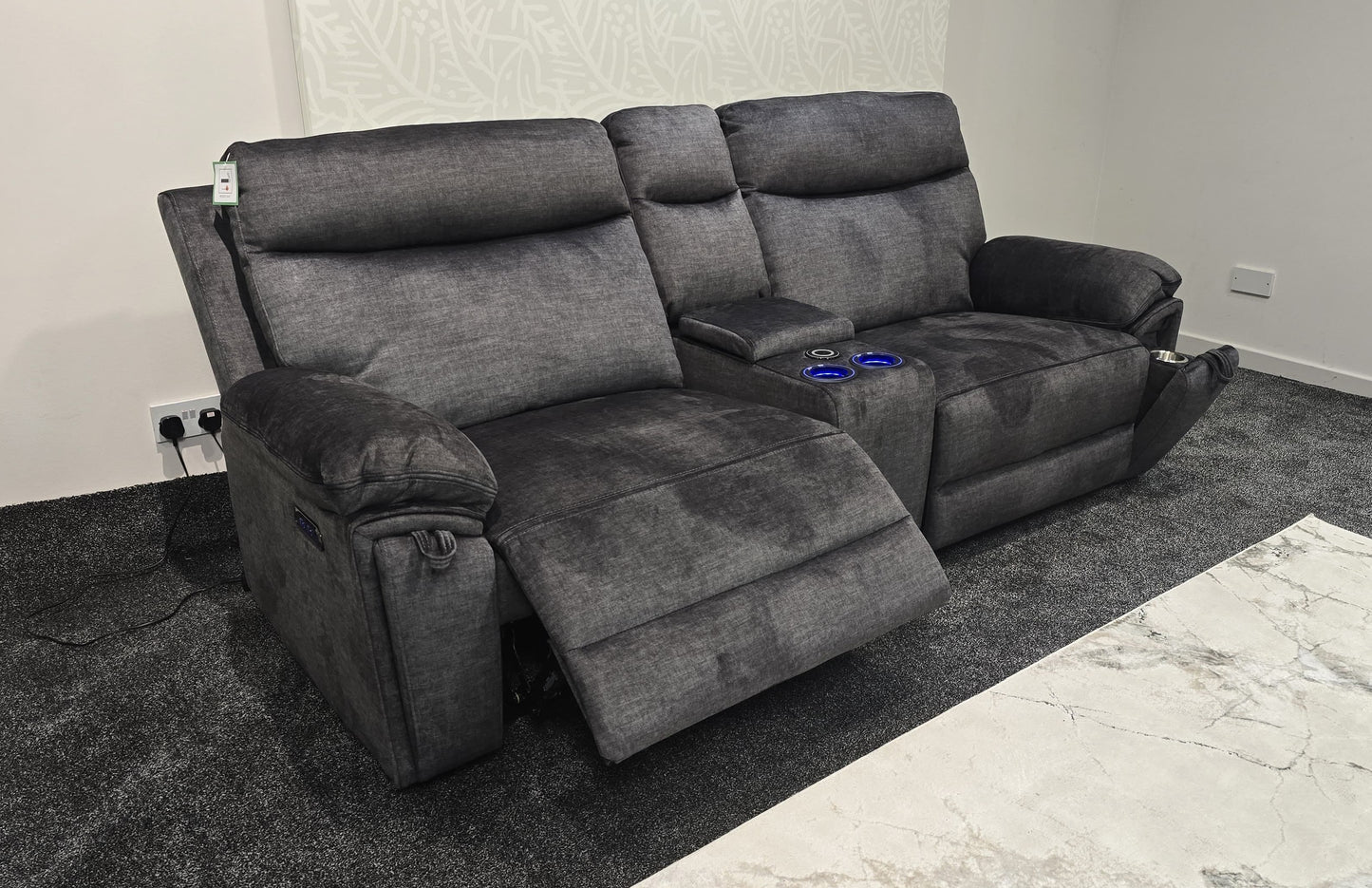 "Xavier" Cinema Sofa in Grey Plush Fabric & Comes With Power Recliners, USB Charging Ports, Drinks Cooling Cup Holders Plus Wireless Charging & Storage. Laf + RAF + Tech Console