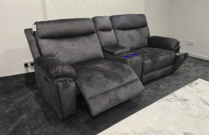 "Xavier" Cinema Sofa in Grey Plush Fabric & Comes With Power Recliners, USB Charging Ports, Drinks Cooling Cup Holders Plus Wireless Charging & Storage. Laf + RAF + Tech Console