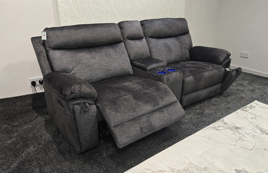 "Xavier" Cinema Sofa in Grey Plush Fabric & Comes With Power Recliners, USB Charging Ports, Drinks Cooling Cup Holders Plus Wireless Charging & Storage. Laf + RAF + Tech Console