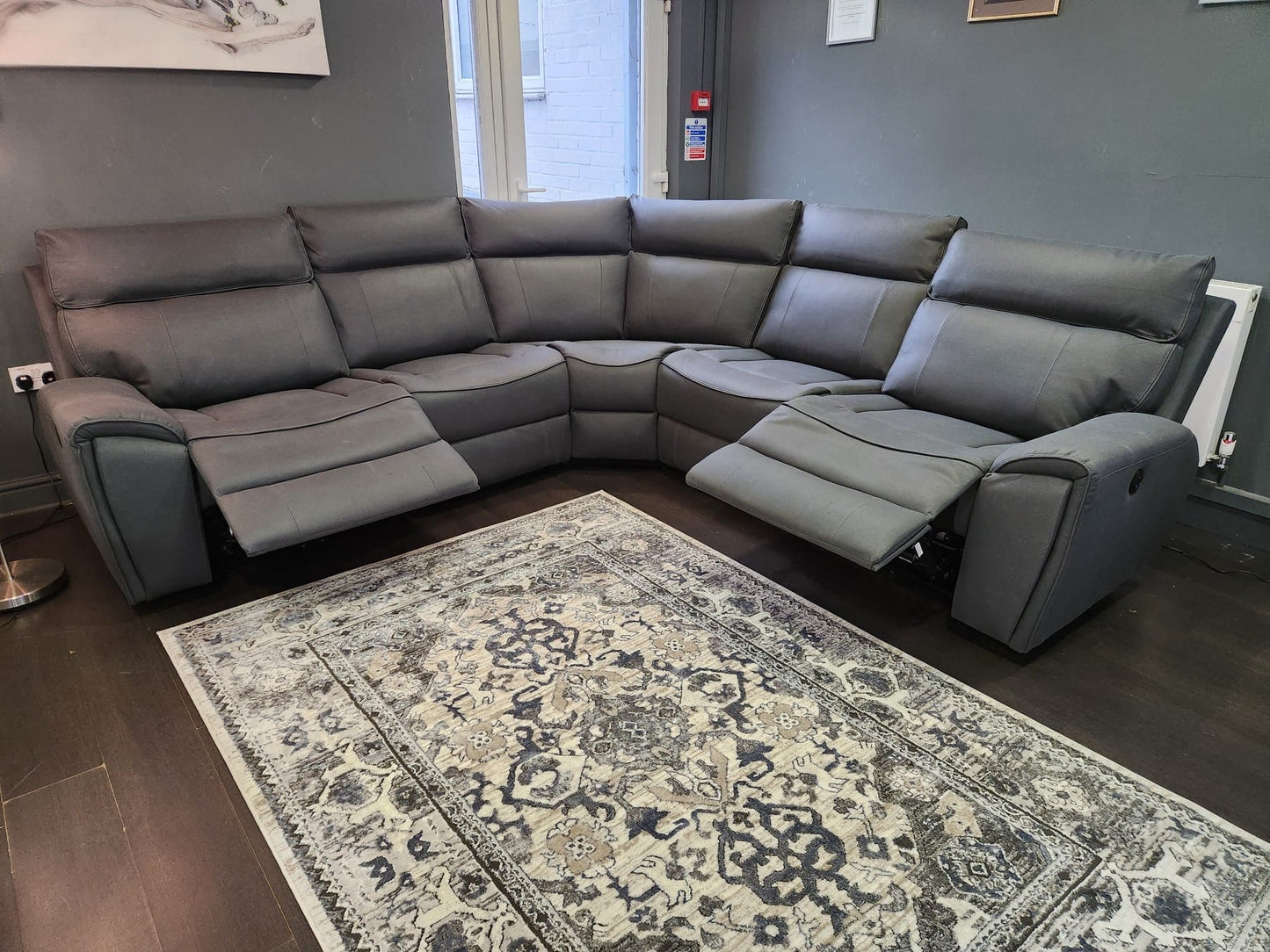 ‘Ronan' 2c2 Electric Recliner Easy Clean Microfibre Grey Tech Fabric Corner Sofa + USB Charging Ports - Reversible