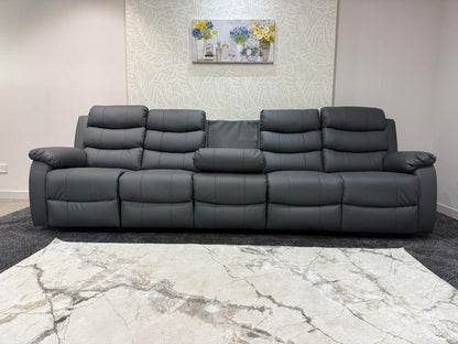 Lando Grey Leather 5 Seater Sofa | Fold Down Tray Table, High Headrest & Seating Position Couch