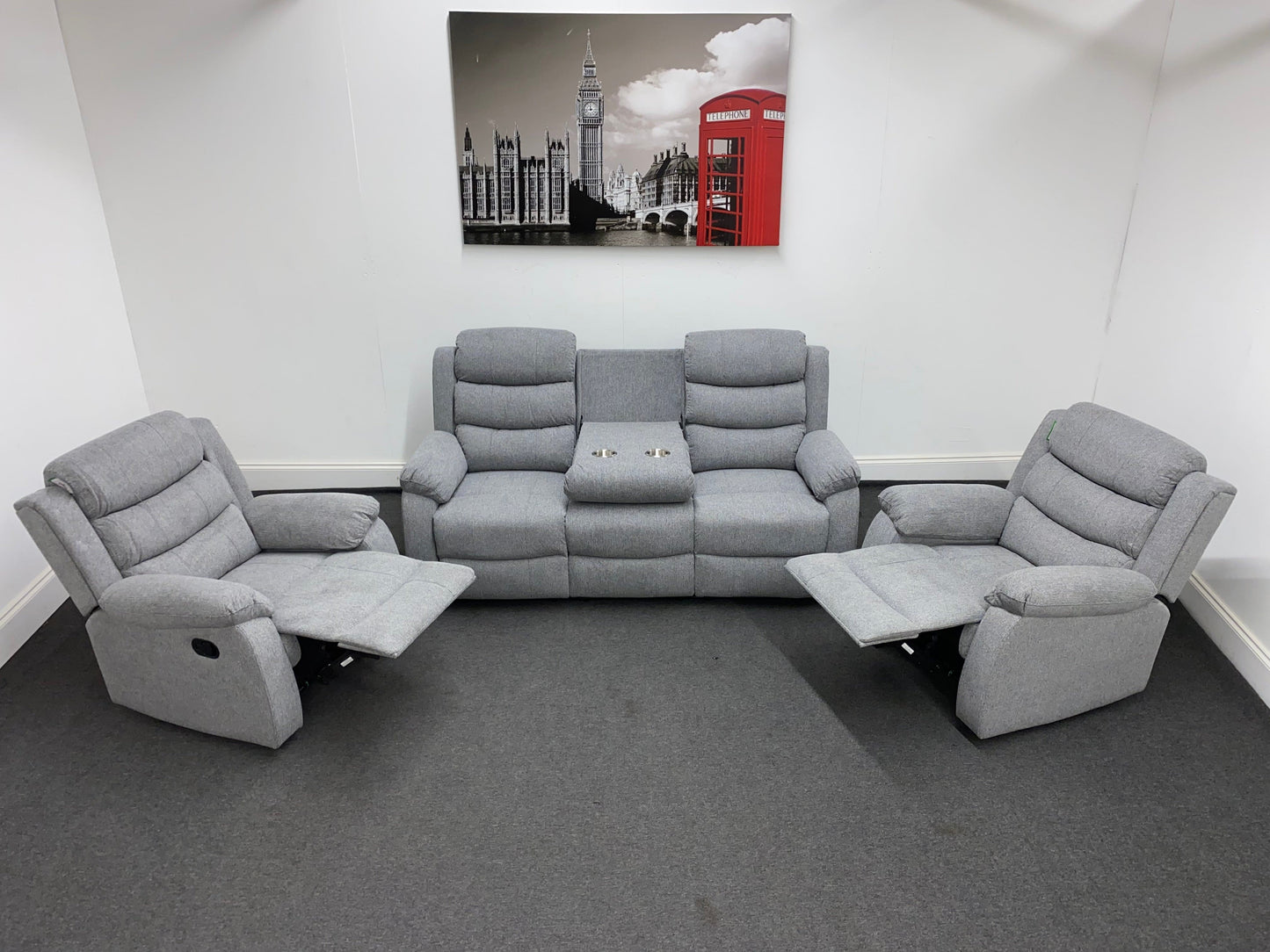 ‘Lewson’ Grey Fleck Fabric Recliner 3 + 1 + 1 Seater with Drinks Tray Table | Couch |