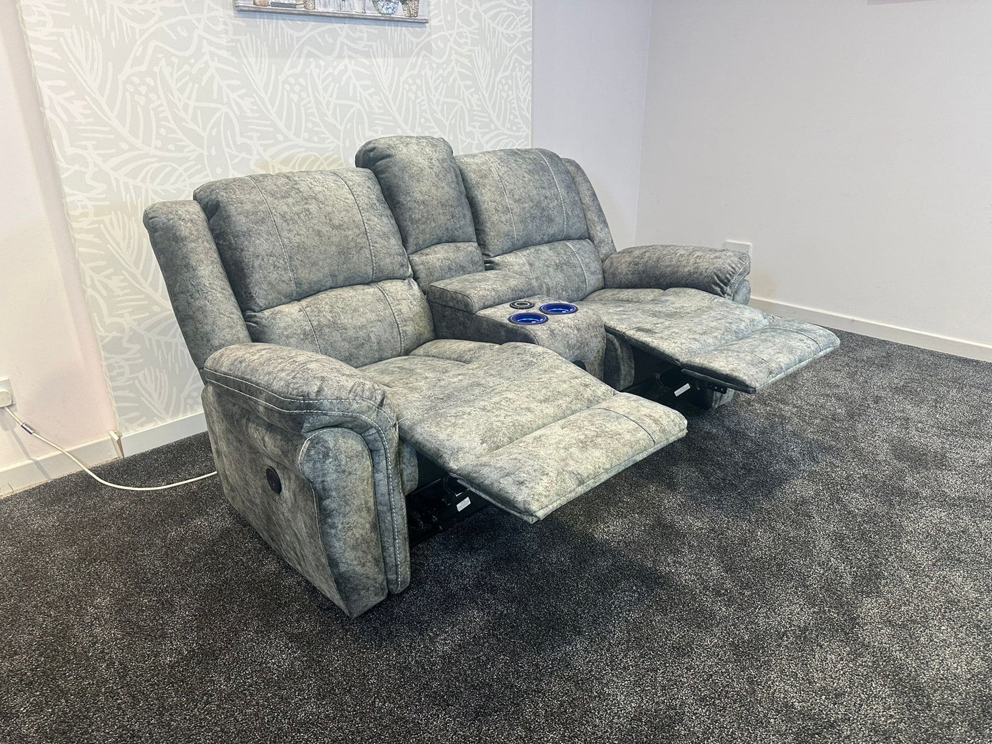 GALAXY Grey Plush Velvet ELECTRIC RECLINING 2 Seater Sofa With Drinks Cooling Cupholders Console. With USB Charging Ports & 2 Stage Reclining Feature