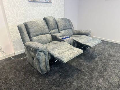GALAXY Grey Plush Velvet ELECTRIC RECLINING 2 Seater Sofa With Drinks Cooling Cupholders Console. With USB Charging Ports & 2 Stage Reclining Feature