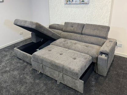 RHF Grey Fabric Sofa Bed + Storage Ottoman + Adjustable Headrests + Drinks Holder + Wireless Charger