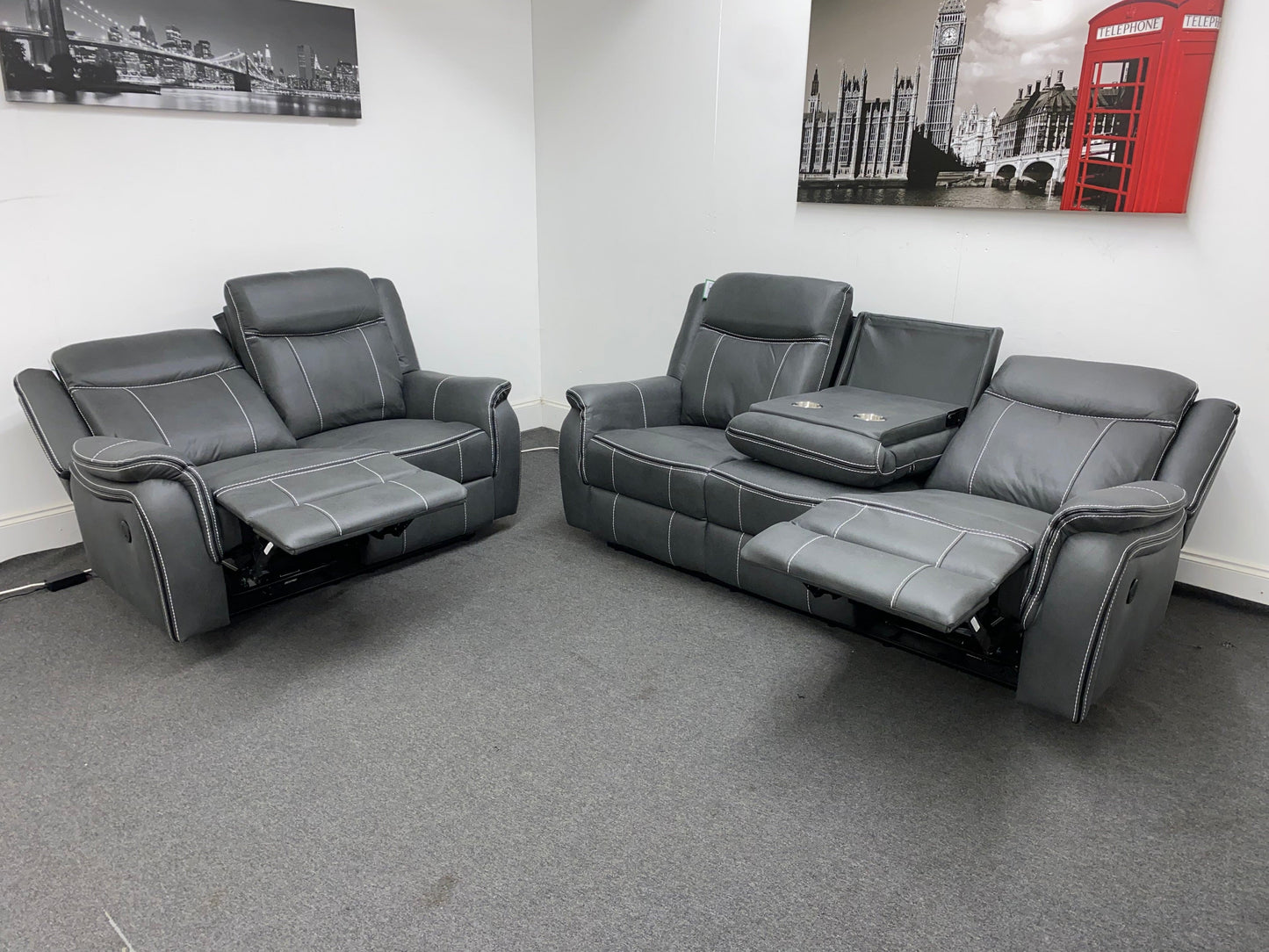 " Sloane Vision " Grey Water Resistant Microfibre Fabric 3 + 2 Seater Electric / Power Recliner Sofa Suite Set With USB Ports & Drop Down Tray Table | Couch |