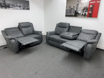" Sloane Vision " Grey Water Resistant Microfibre Fabric 3 + 2 Seater Electric / Power Recliner Sofa Suite Set With USB Ports & Drop Down Tray Table | Couch |