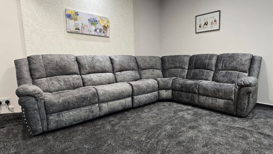 GALAXY Grey Plush Velvet Fabric Electric Reclining 3C2 Corner Sofa & USB Ports