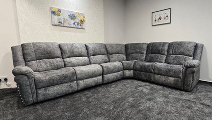 GALAXY Grey Plush Velvet Fabric Electric Reclining 3C2 Corner Sofa & USB Ports