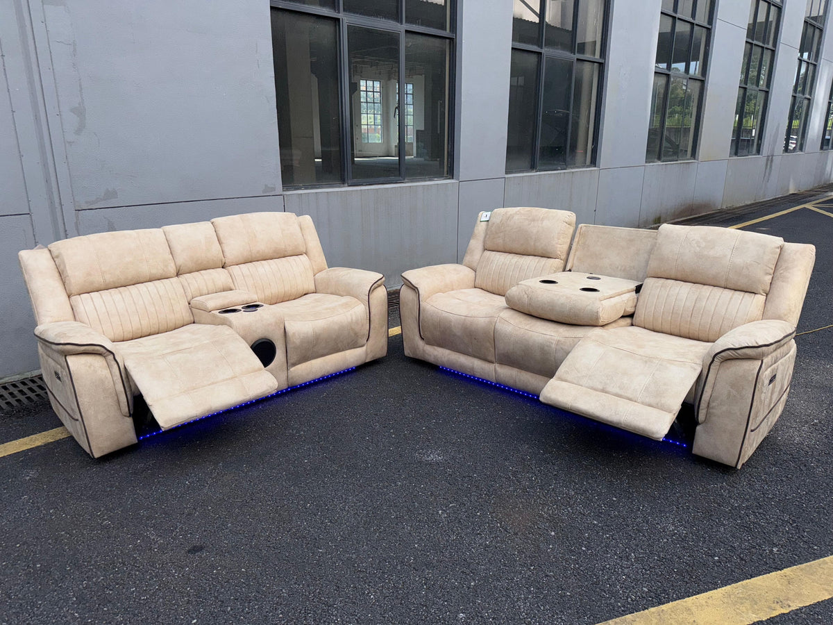 (Pre Order Promo Deal!) Geneva Beige Easy Clean Suede Fabric 3 Seater + 2 Seater With Tech Console + Armchair Set | Online Only