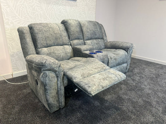 GALAXY Grey Plush Velvet ELECTRIC RECLINING 2 Seater Sofa With Drinks Cooling Cupholders Console. With USB Charging Ports & 2 Stage Reclining Feature
