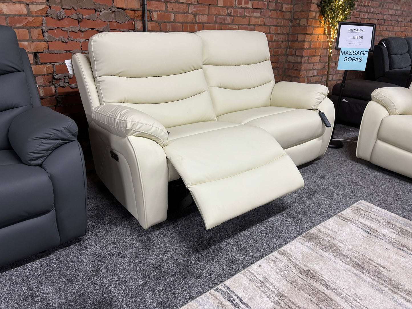 "Bertie" Cream Leather Electric Reclining Massage Sofa Range With Power Headrests & USB Charging Ports For Ultimate Comfort