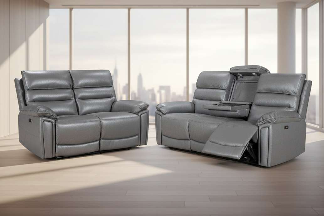 Donald Grey Leather Electric / Power Reclining 3 Seater + 2 Seater Sofa Set With USB Charging Ports & Drop Down Tray Table