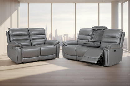 Donald Grey Leather Electric / Power Reclining 3 Seater + 2 Seater Sofa Set With USB Charging Ports & Drop Down Tray Table