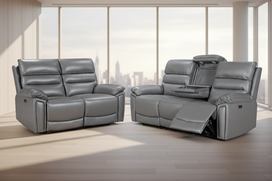Donald Grey Leather Electric / Power Reclining 3 Seater + 2 Seater Sofa Set With USB Charging Ports & Drop Down Tray Table