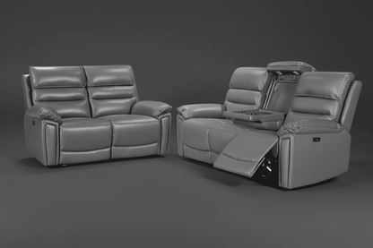 'SPECIAL OFFER' DFS Lawson Grey Leather Electric Reclining 3 Seater + 2 Seater Sofa Set With USB Charging Ports & Drop Down Tray Table With Reading Lights