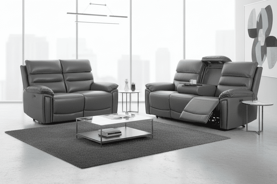 'SPECIAL OFFER' DFS Lawson Grey Leather Electric Reclining 3 Seater + 2 Seater Sofa Set With USB Charging Ports & Drop Down Tray Table With Reading Lights