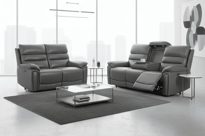 'SPECIAL OFFER' DFS Lawson Grey Leather Electric Reclining 3 Seater + 2 Seater Sofa Set With USB Charging Ports & Drop Down Tray Table With Reading Lights