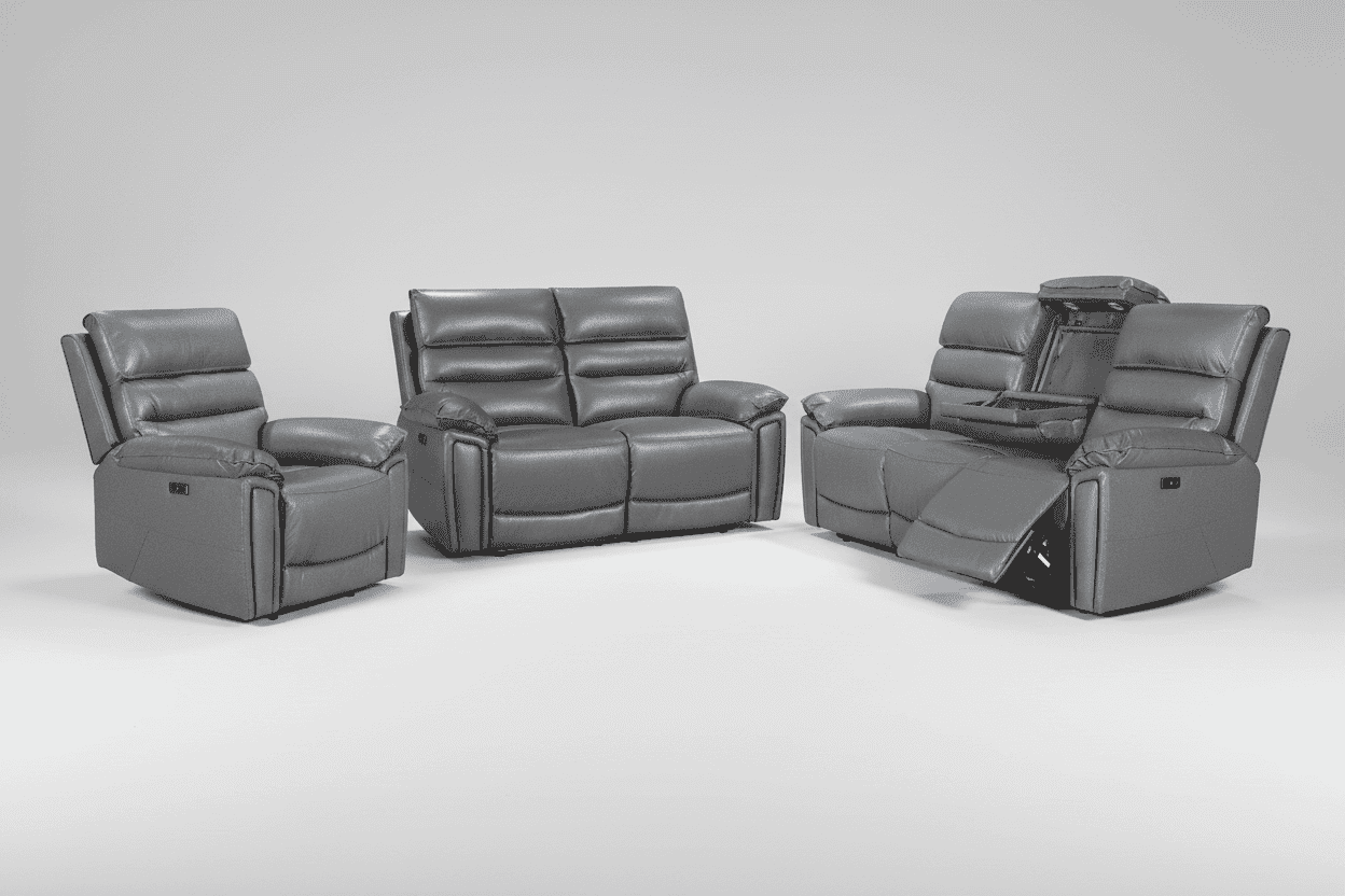 'SPECIAL OFFER' DFS Lawson Grey Leather Electric Reclining Sofa Range With Drinks Coolers USB Charging Ports & Drop Down Tray Table With Reading Lights