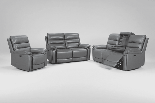 'SPECIAL OFFER' DFS Lawson Grey Leather Electric Reclining 3 Seater + 2 Seater + Armchair Sofa Set With USB Charging Ports & Drop Down Tray Table With Reading Lights