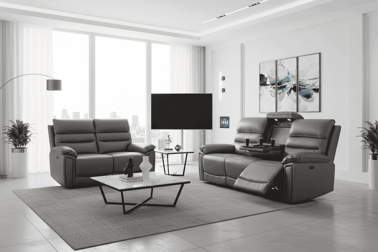 'SPECIAL OFFER' DFS Lawson Grey Leather Electric Reclining Sofa Range With Drinks Coolers USB Charging Ports & Drop Down Tray Table With Reading Lights