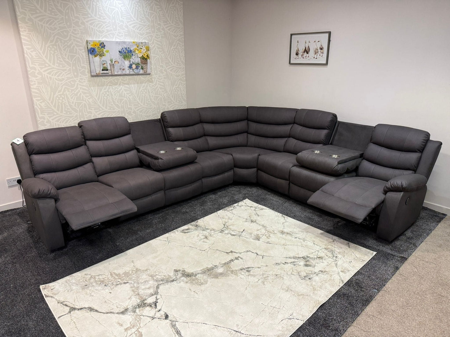 "Willow" Dark Grey Fabric 4C3 Recliner Corner Sofa | 2 x Drinks Tray Tables | Easy Clean Fabric | Modular
