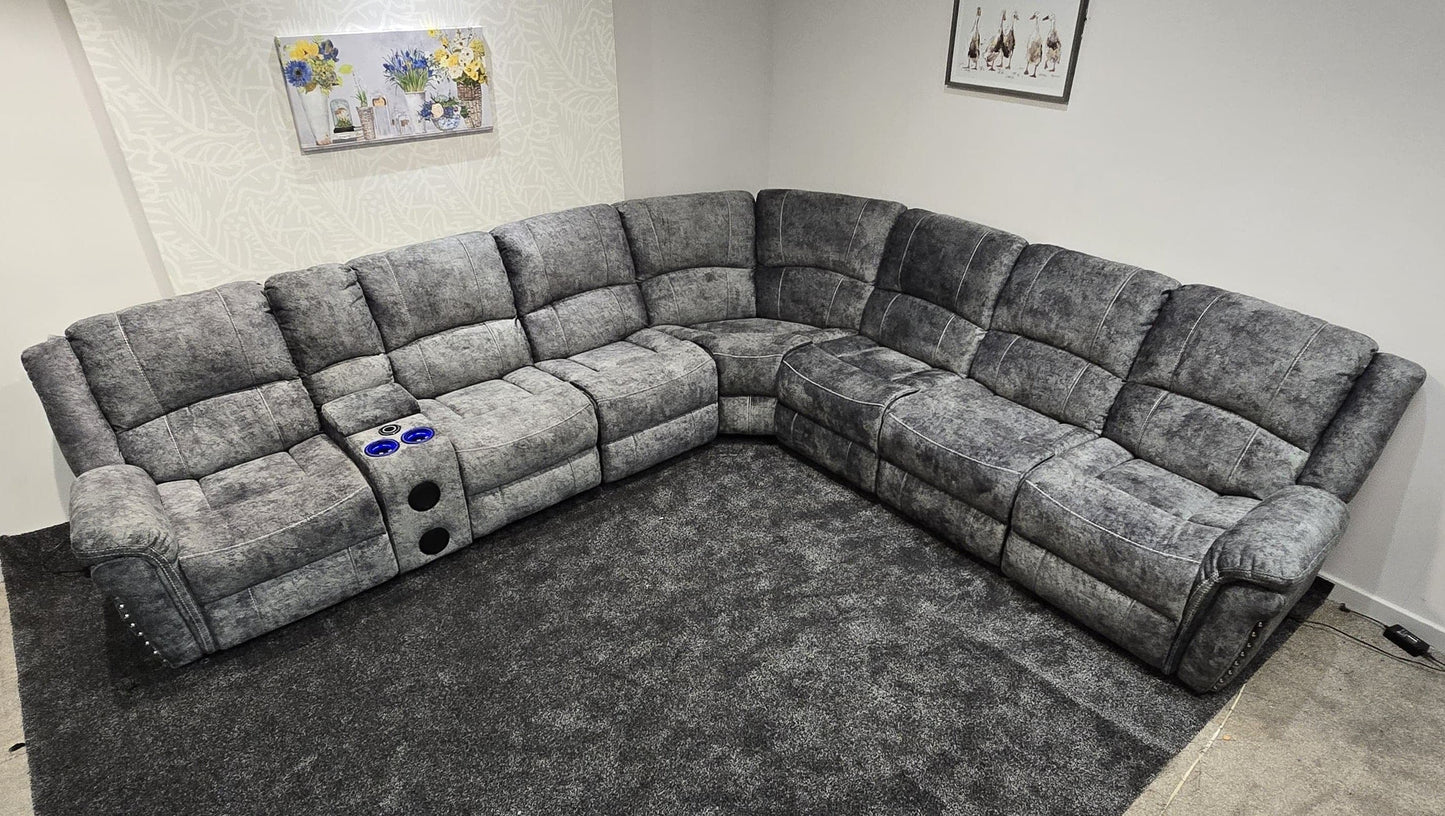 GALAXY Grey Plush Velvet Fabric Electric Reclining 3C3C Corner Sofa | Cooling Cupholders & USB Ports