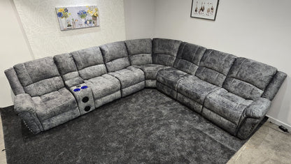 GALAXY Grey Plush Velvet Fabric Electric Reclining 3C3C Corner Sofa | Cooling Cupholders & USB Ports