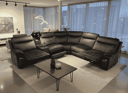 "Trek" 2c2c Grey Plush Fabric Power Recliner Corner Sofa With USB Charging Ports & Cinema Drinks Console