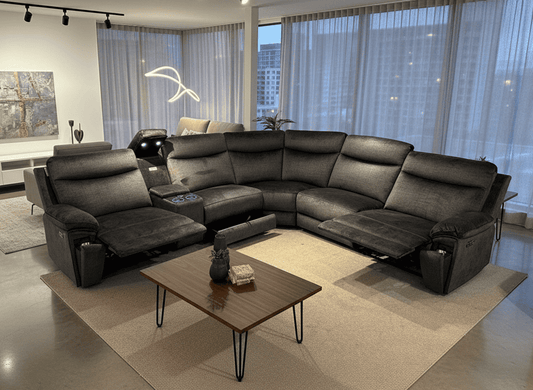 " Trek " Drinks Cooling Cupholders Plush Grey Fabric Power Recliner Corner Sofa With USB Charging Ports