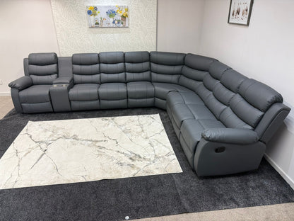 "Lando" Grey Leather 4C3C Recliner Corner Sofa Reversible | 2 x Drinks Tray Table | Modular