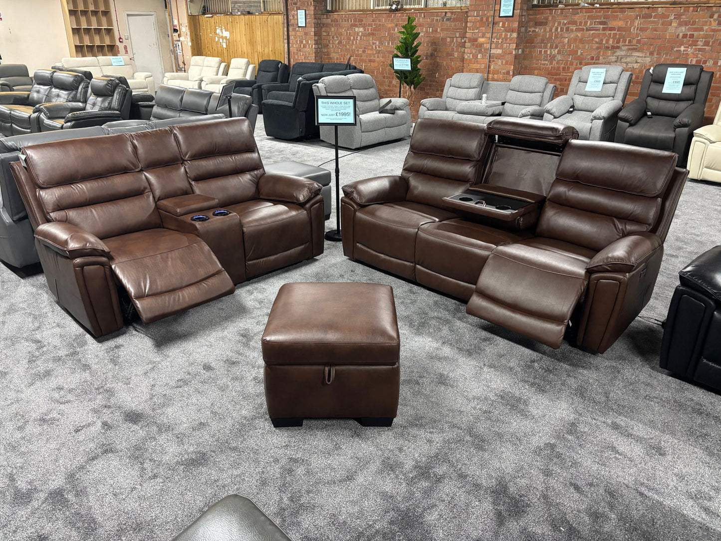 Donald Brown Leather Electric / Power Reclining 3 Seater + 2 Seater + Storage Footstool Sofa Set With USB Charging Ports & Drop Down Tray Table