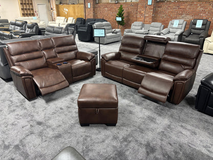 Donald Brown Leather Electric / Power Reclining 3 Seater + 2 Seater + Storage Footstool Sofa Set With USB Charging Ports & Drop Down Tray Table