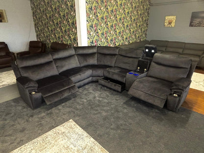 "Trek" Grey Plush Fabric Power Recliner Corner Sofa With USB Charging Ports, Drinks Cooling Cup Holders Plus Many More Modern Features