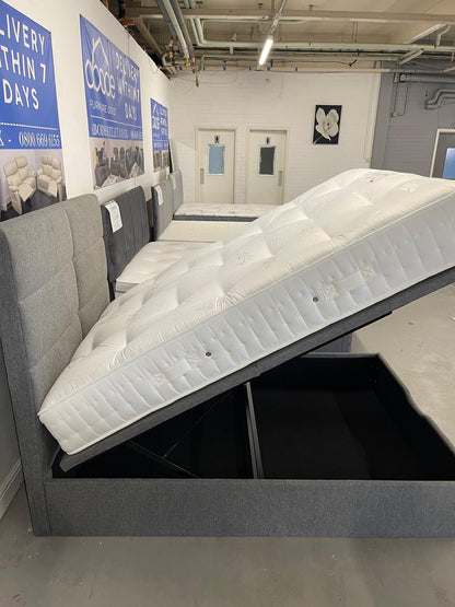 'Indulgence' Grey Fabric Ottoman Bed Frame & Firm Mattress Package - Available In 4'6ft Double or 5ft King