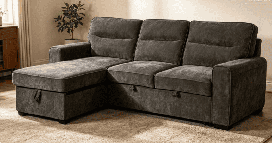 (Back in stock 15th August) 'Lionel' Charcoal Grey Fabric Left Hand Facing Corner Sofa Bed With Storage