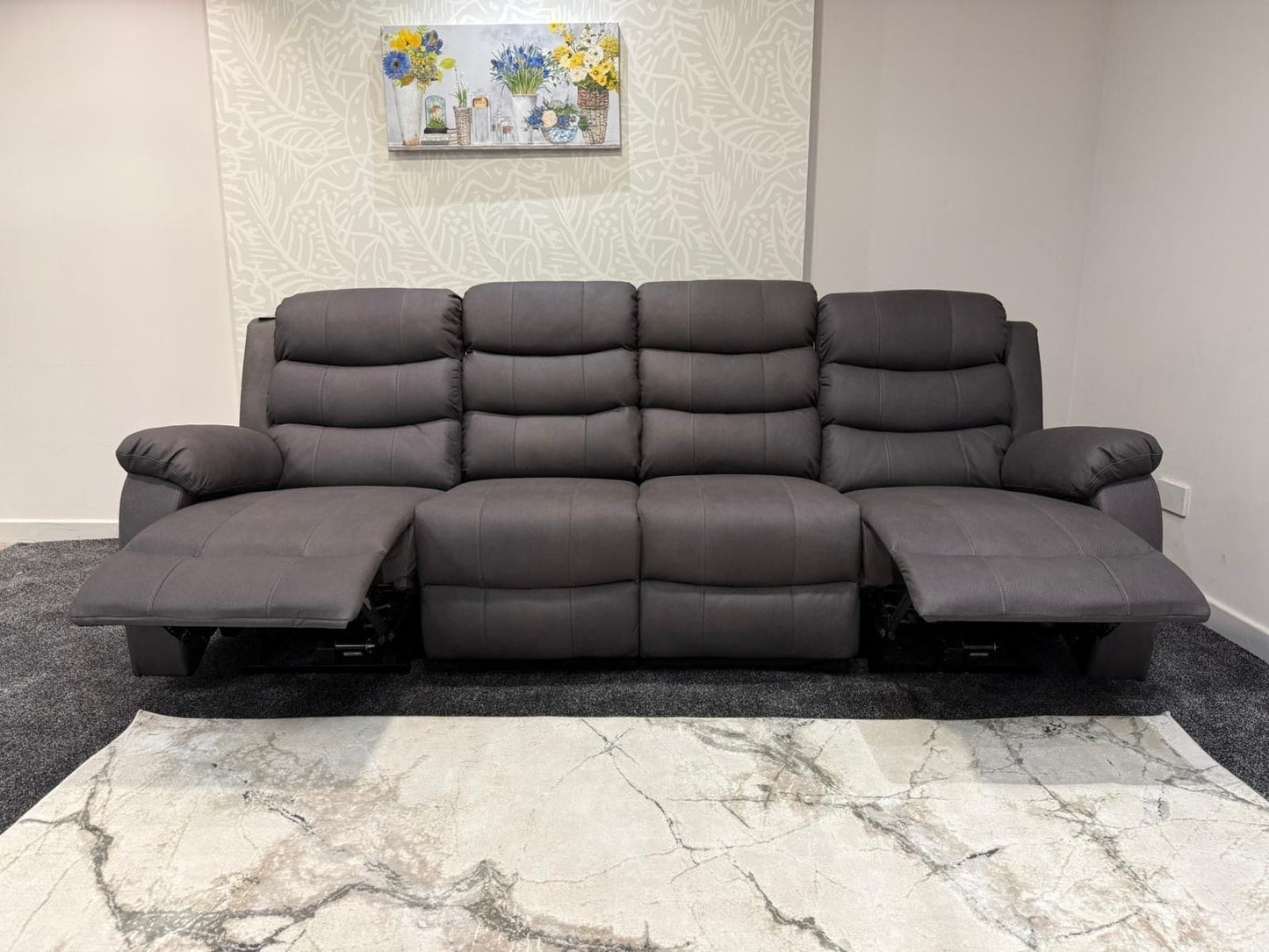 Willow Grey Easy Clean Fabric 4 Seater Sofa | Fold Down Tray Table, High Headrest & Seating Position Couch